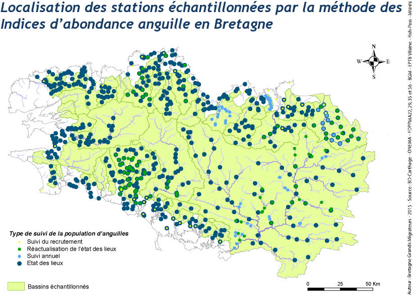 Carte de localisation des stations d'indices d'abondance anguille en Bretagne